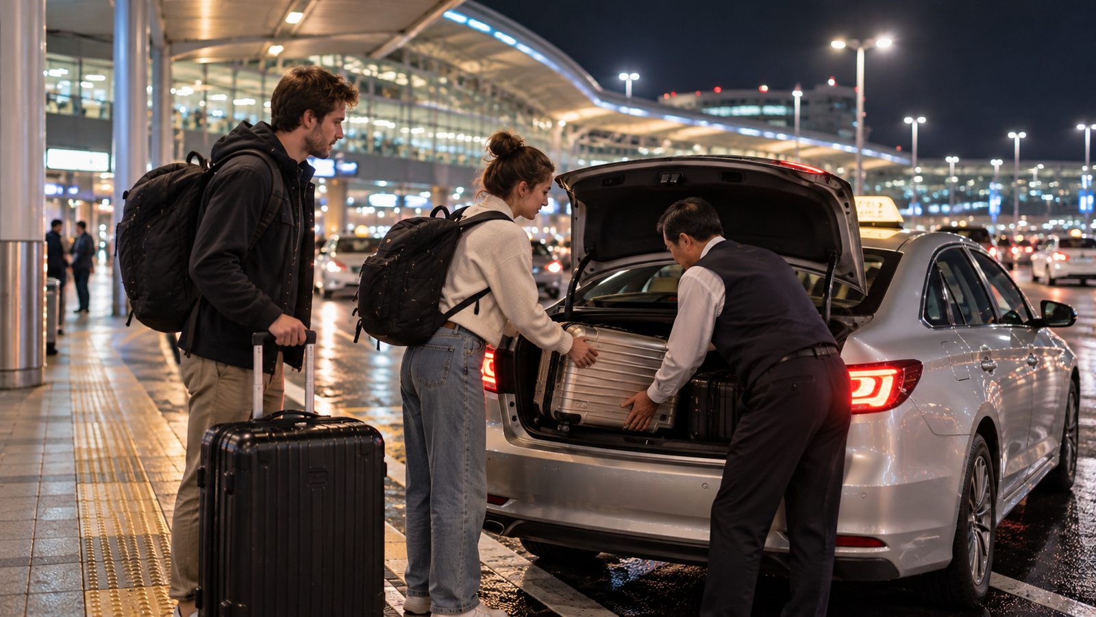 Travelers taking a taxi from Incheon Airport to Seoul late at night
