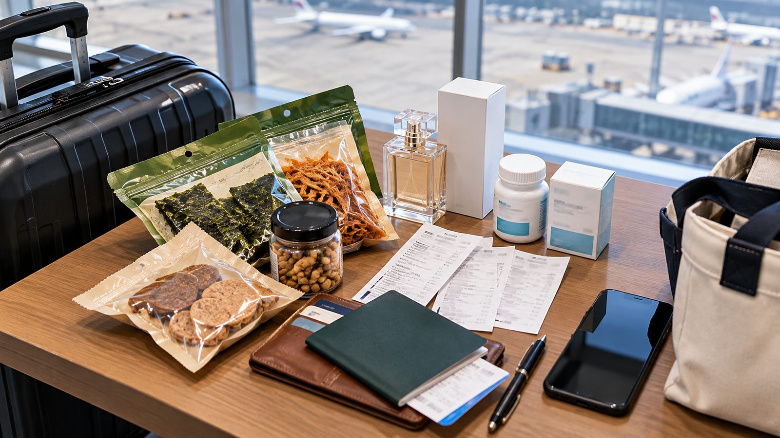 Travel items arranged for checking before entering South Korea customs
