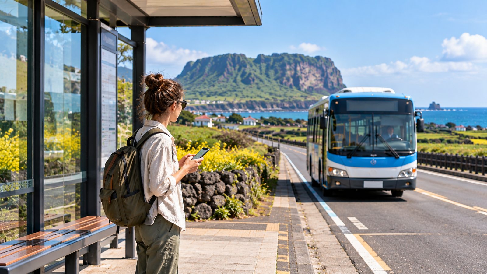 International traveler using a public bus to explore Jeju Island