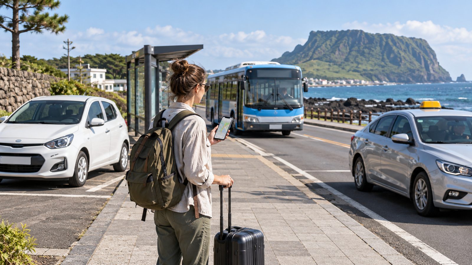 Traveler comparing a rental car, bus and taxi for a Jeju Island trip