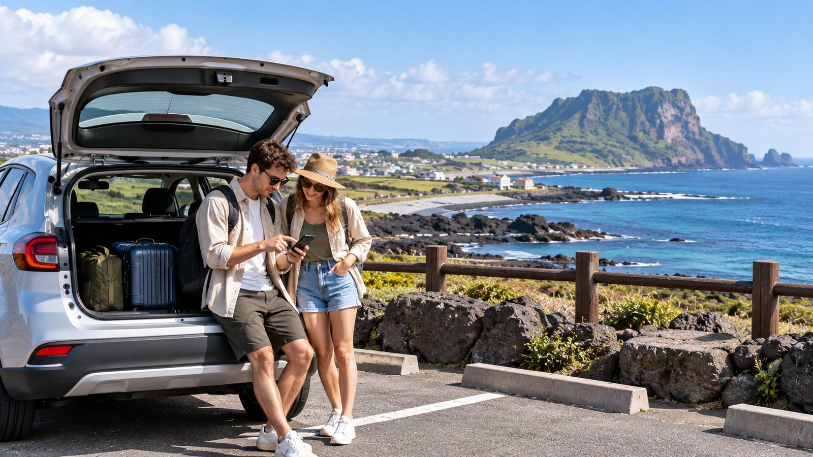 International travelers using a rental car for sightseeing on Jeju Island