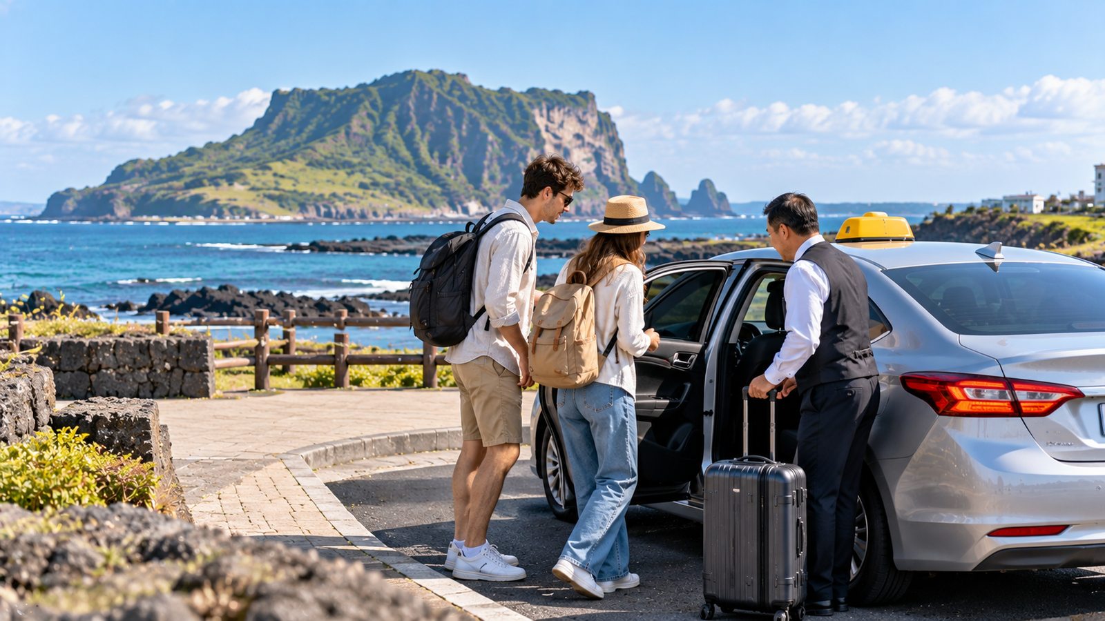 Travelers using a taxi for sightseeing around Jeju Island