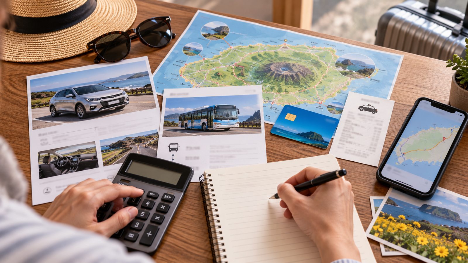Traveler comparing Jeju rental car, bus and taxi costs
