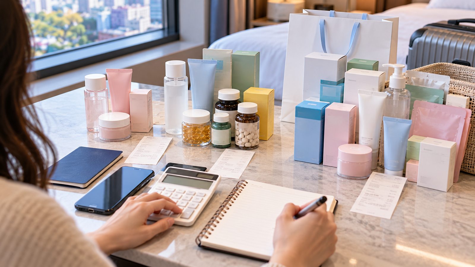 Traveler comparing a K-Pharmacy shopping budget in Korea