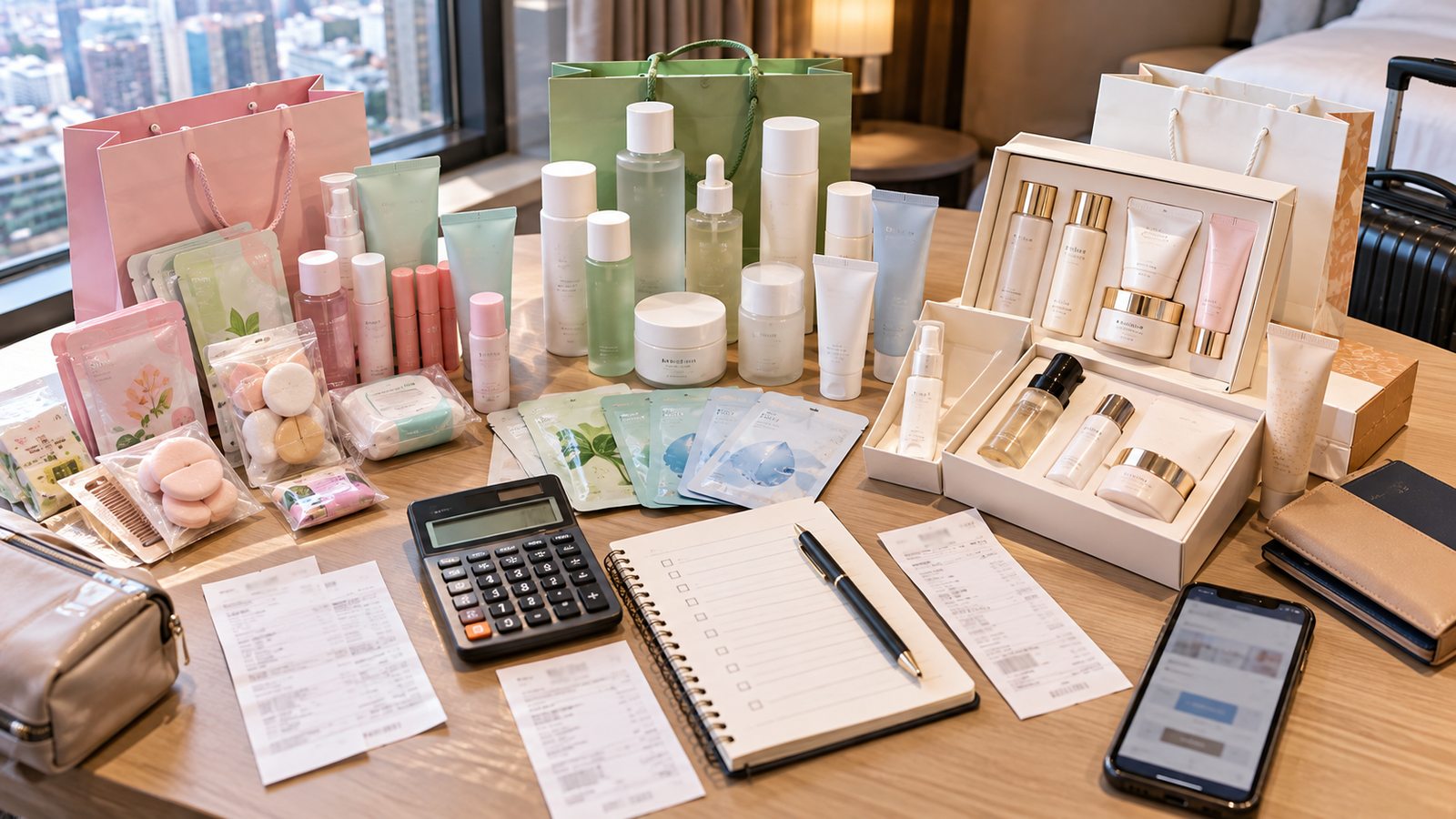 Traveler comparing K-beauty prices and product sizes before buying
