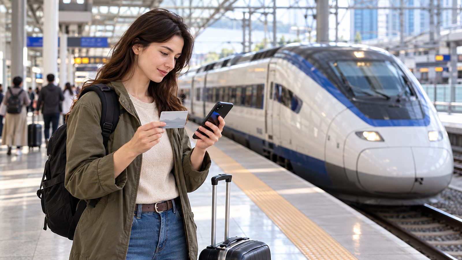 International traveler comparing rail pass options before taking a high-speed train in South Korea