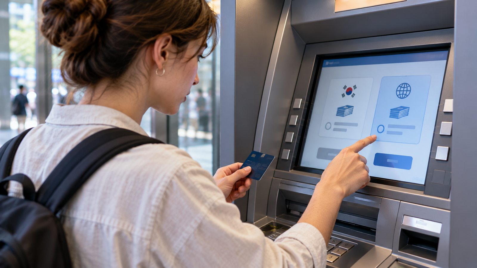 Traveler reviewing currency conversion options at an ATM in Korea