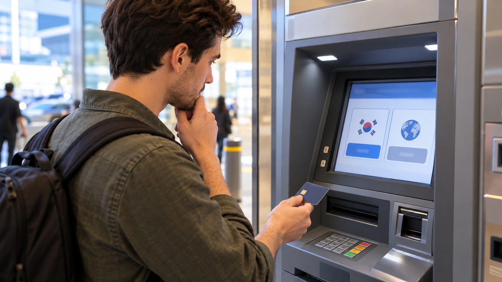 Traveler reviewing currency conversion choices while withdrawing Korean won from an ATM in Korea