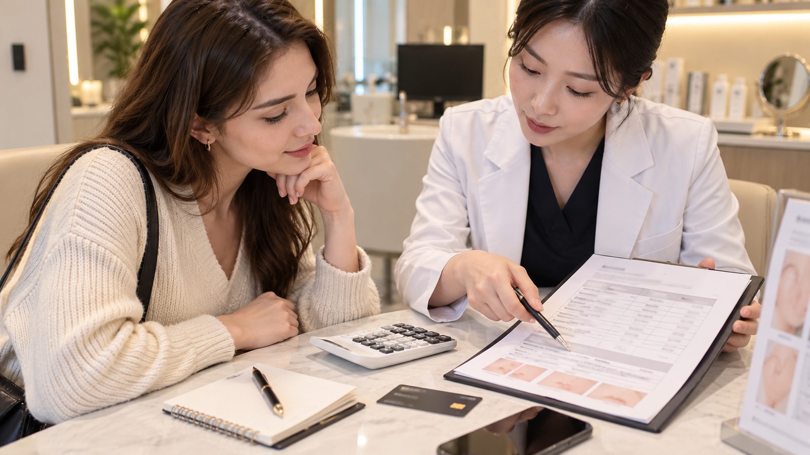 Traveler checking the final price before booking a cosmetic treatment in Korea