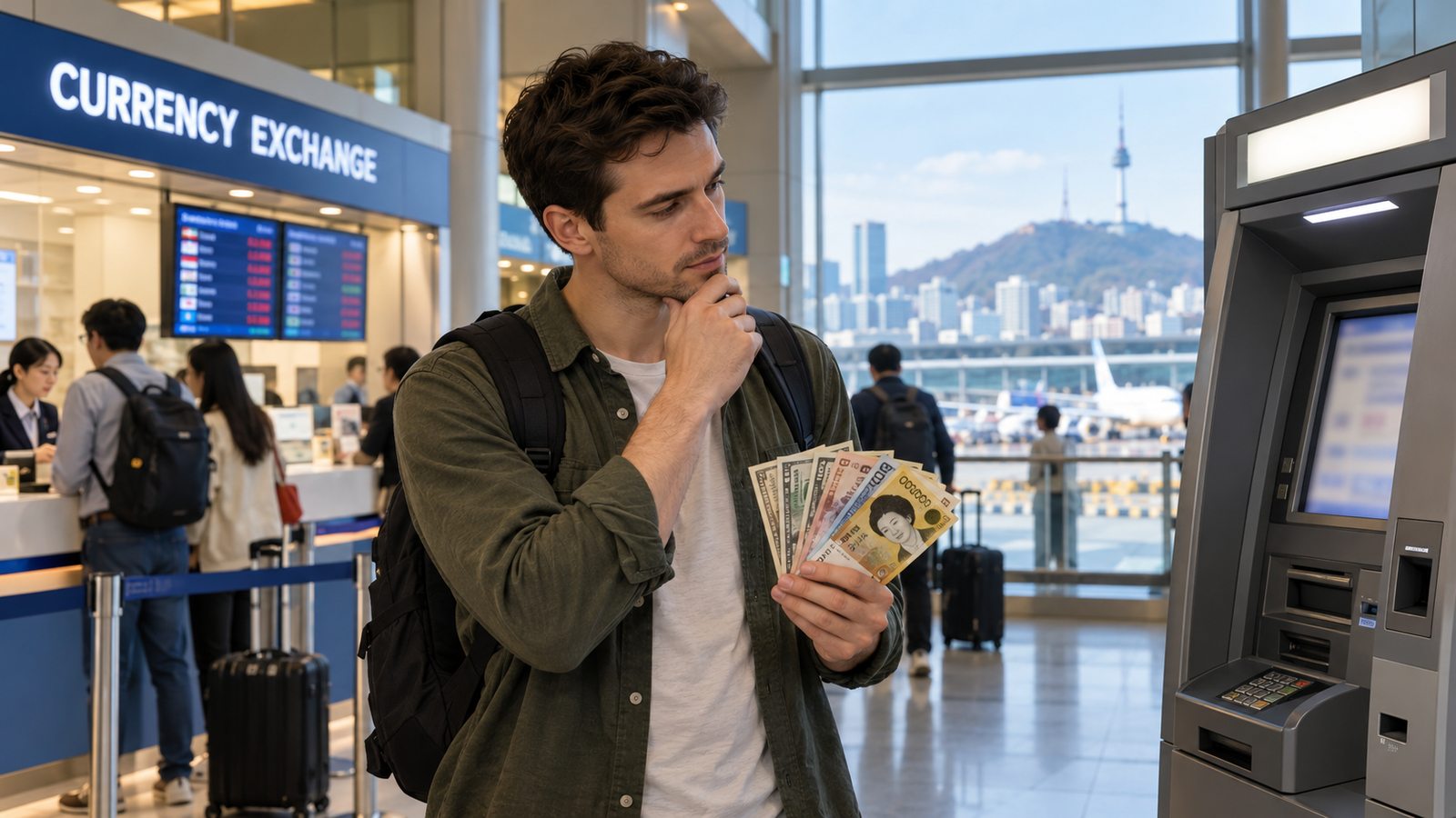 Traveler comparing airport exchange, ATM withdrawal and Seoul currency exchange options in Korea