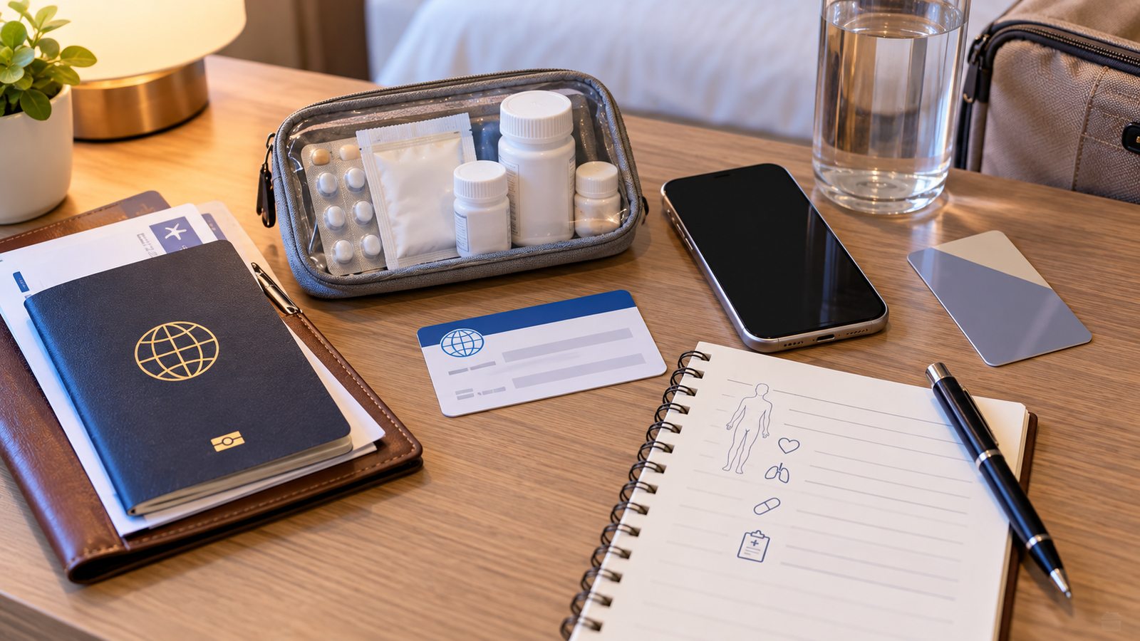 Passport, medication information and travel insurance documents prepared for a doctor visit in Korea