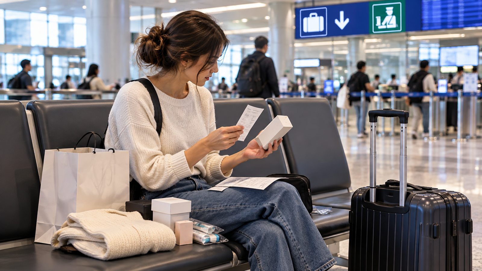 Traveler reviewing purchases and receipts before going through customs in South Korea