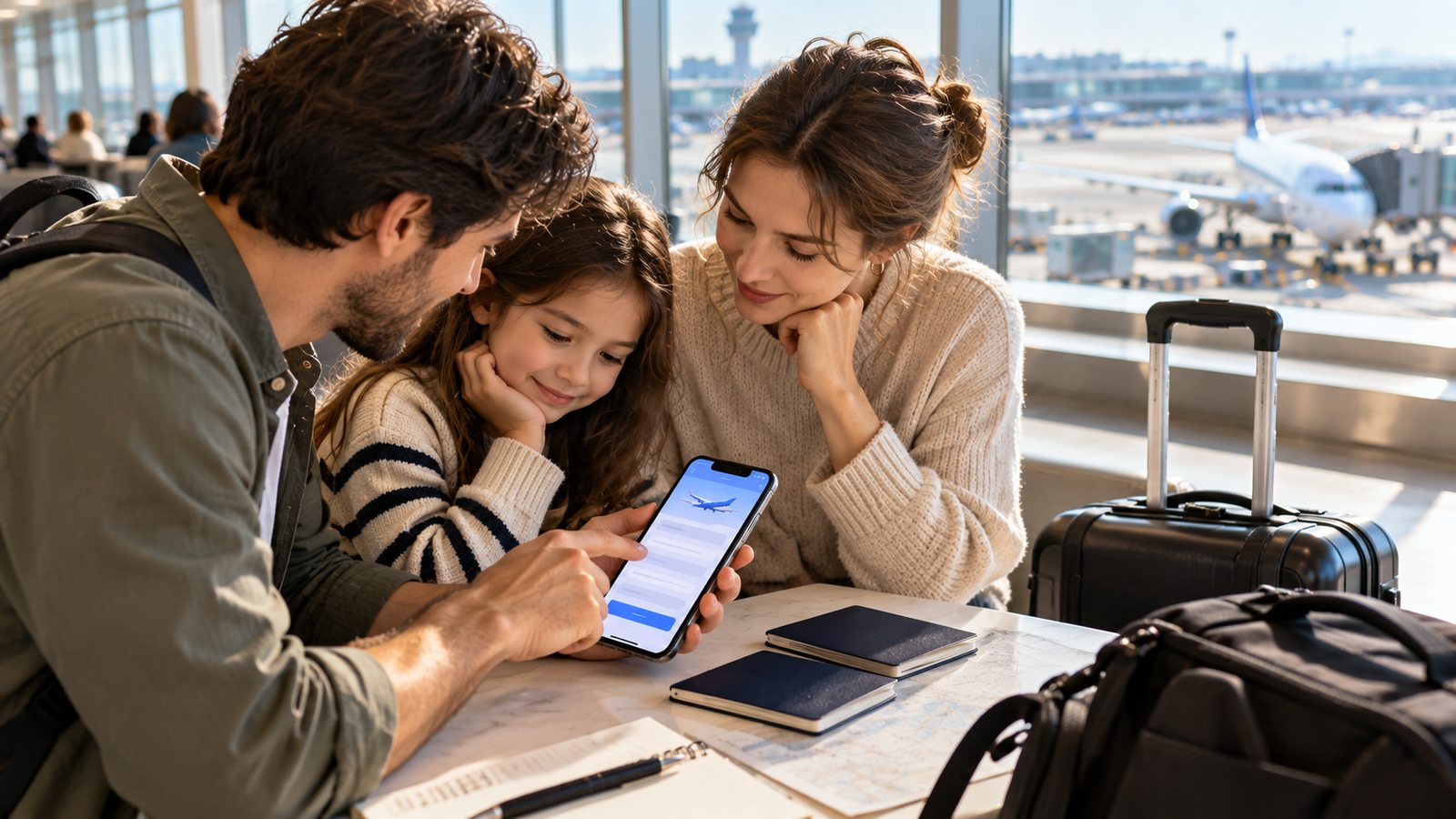 Family preparing electronic arrival information before traveling to South Korea