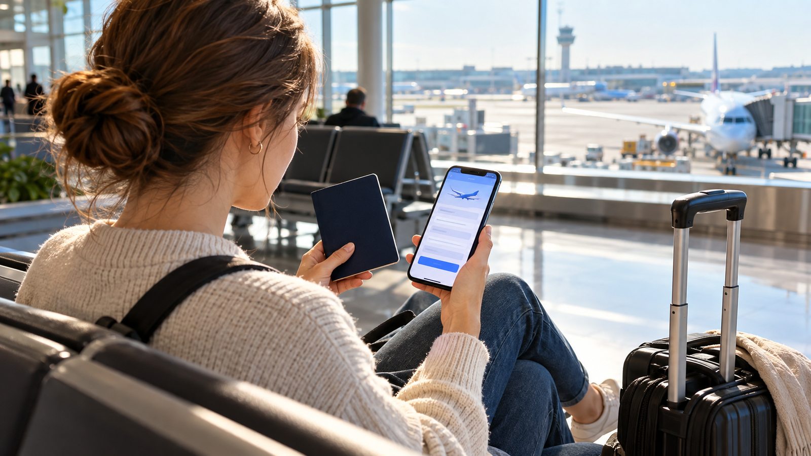 International traveler preparing an electronic arrival form before flying to South Korea