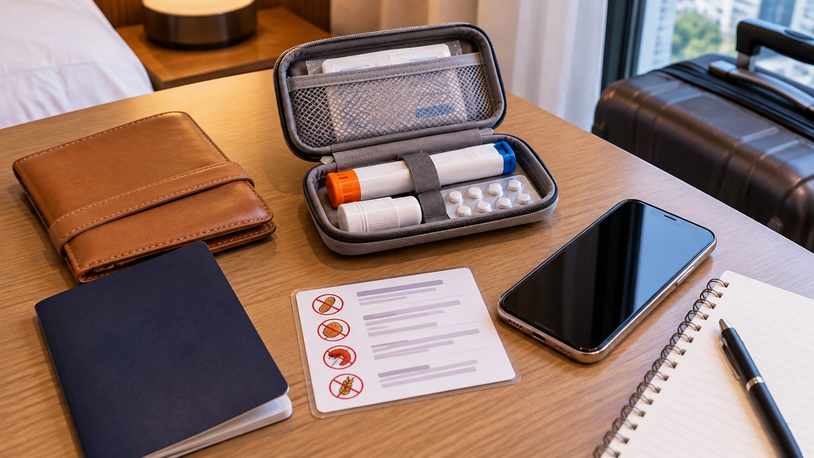 Traveler preparing allergy information and prescribed emergency medication for a Korea trip