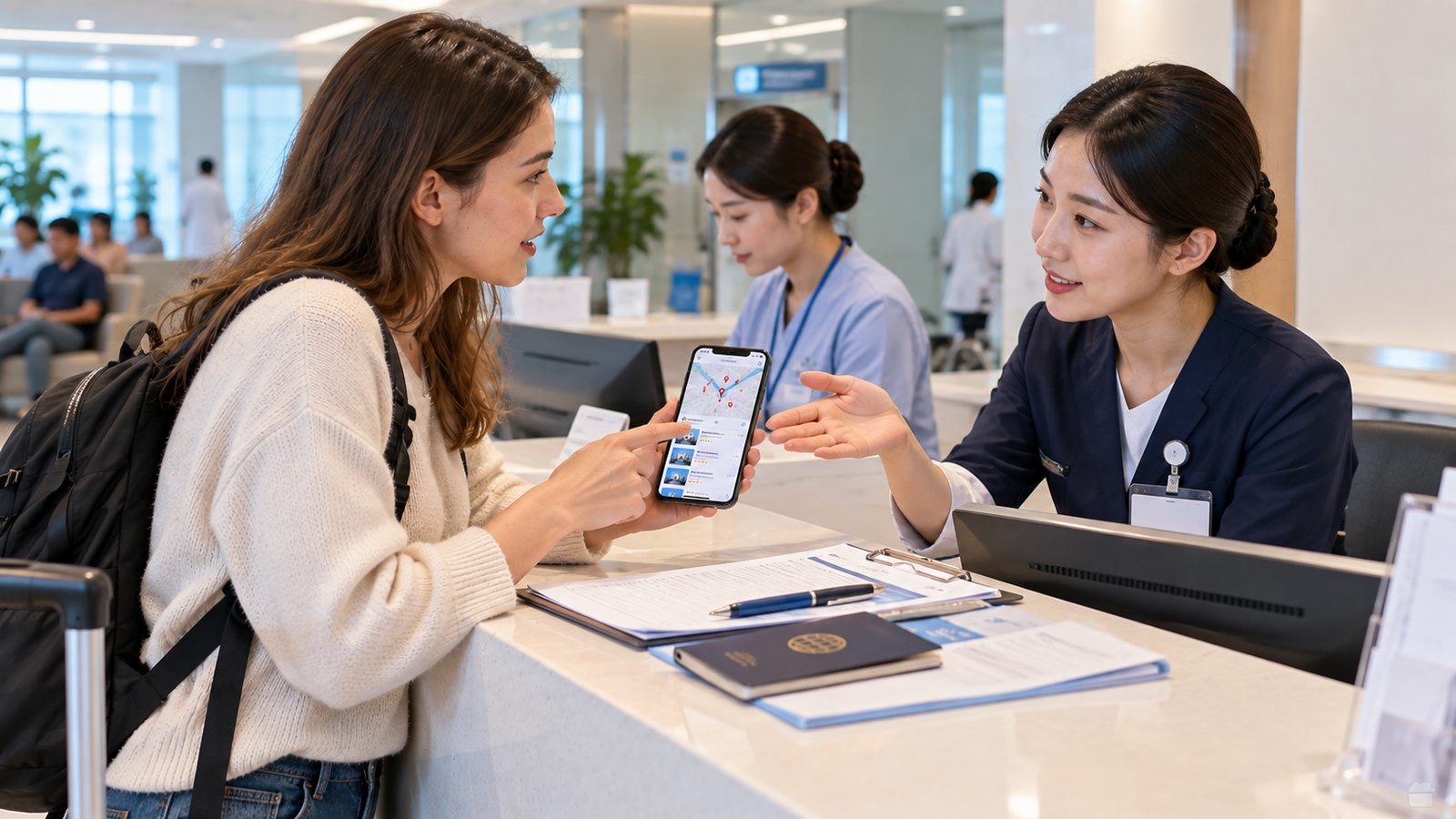 International patient reception desk at a modern Korean hospital