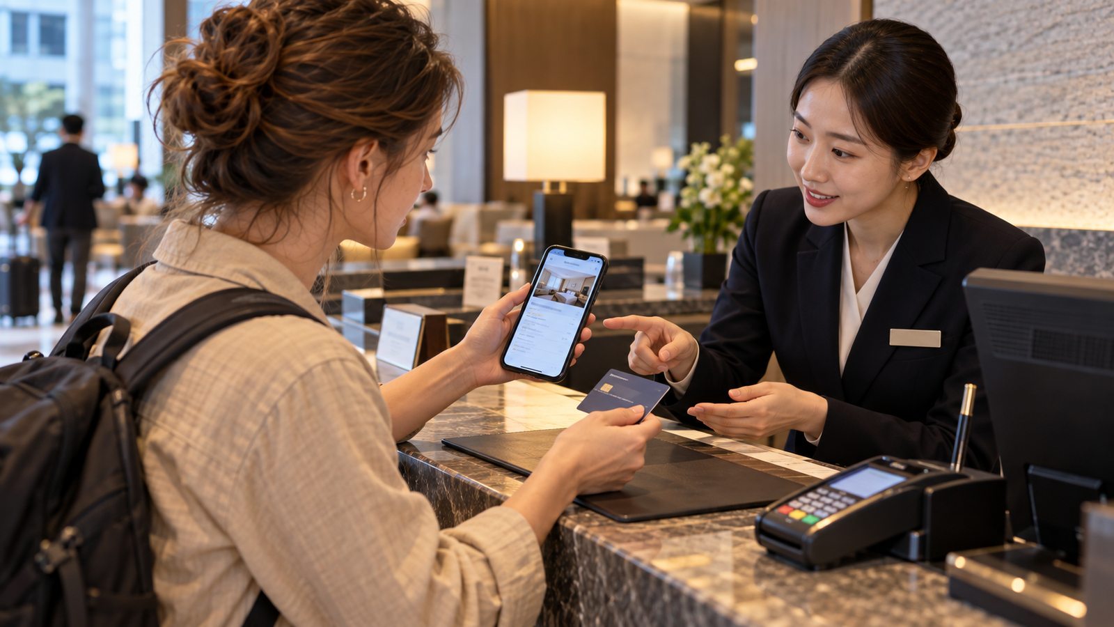 International traveler confirming hotel payment details at a South Korean hotel front desk