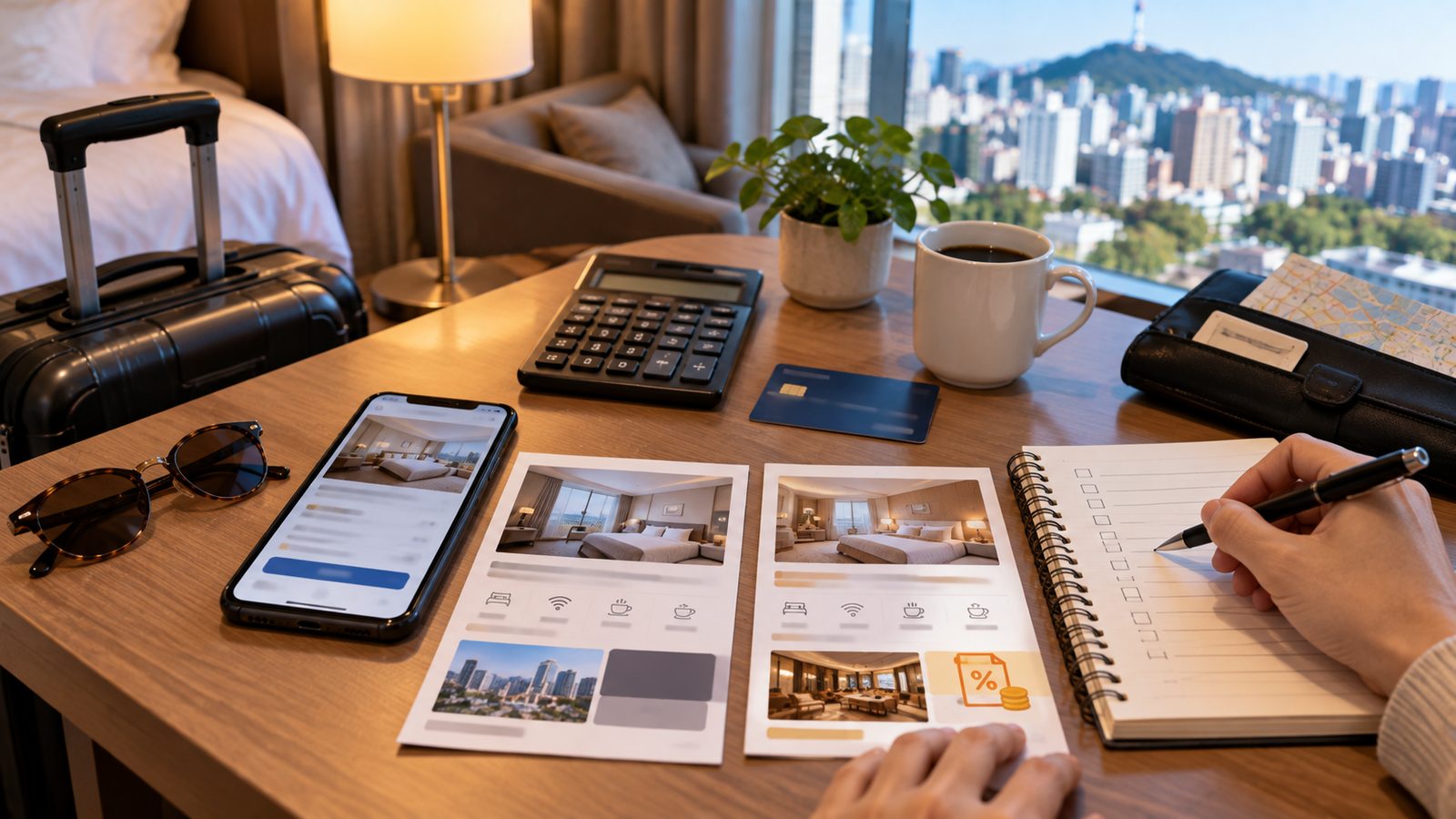 Traveler comparing hotel prices and potential VAT savings for a South Korea trip
