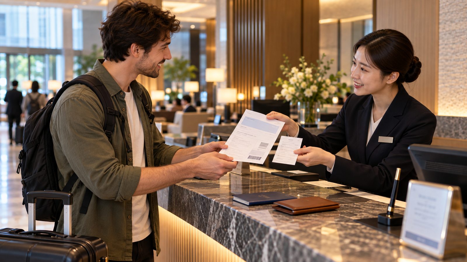 International traveler completing a hotel VAT refund procedure at checkout in South Korea