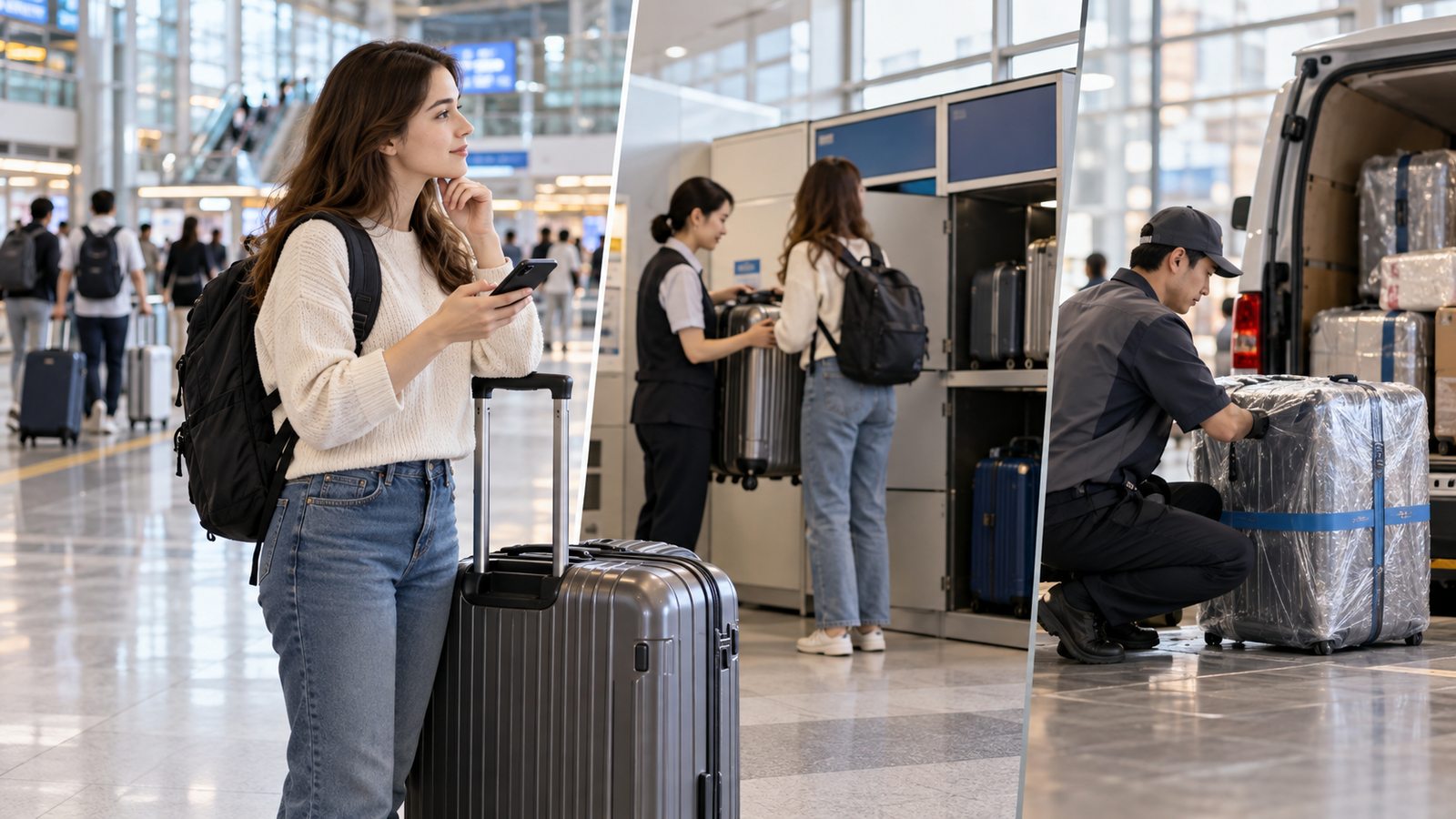 Traveler deciding whether to carry store or deliver luggage in South Korea