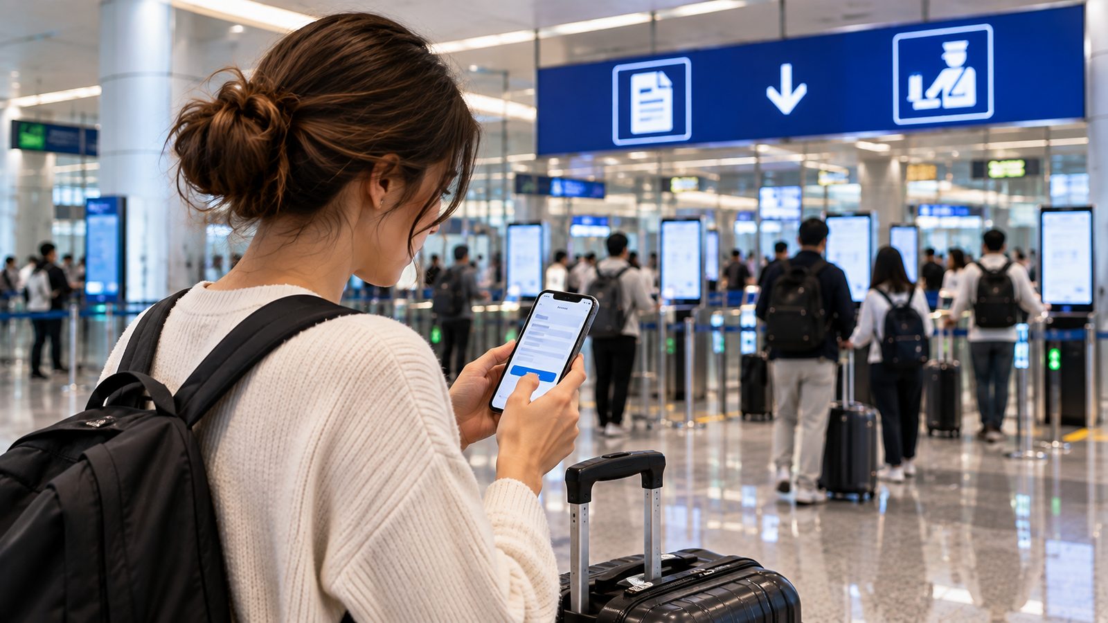 Traveler using a smartphone for a customs declaration at a South Korean airport
