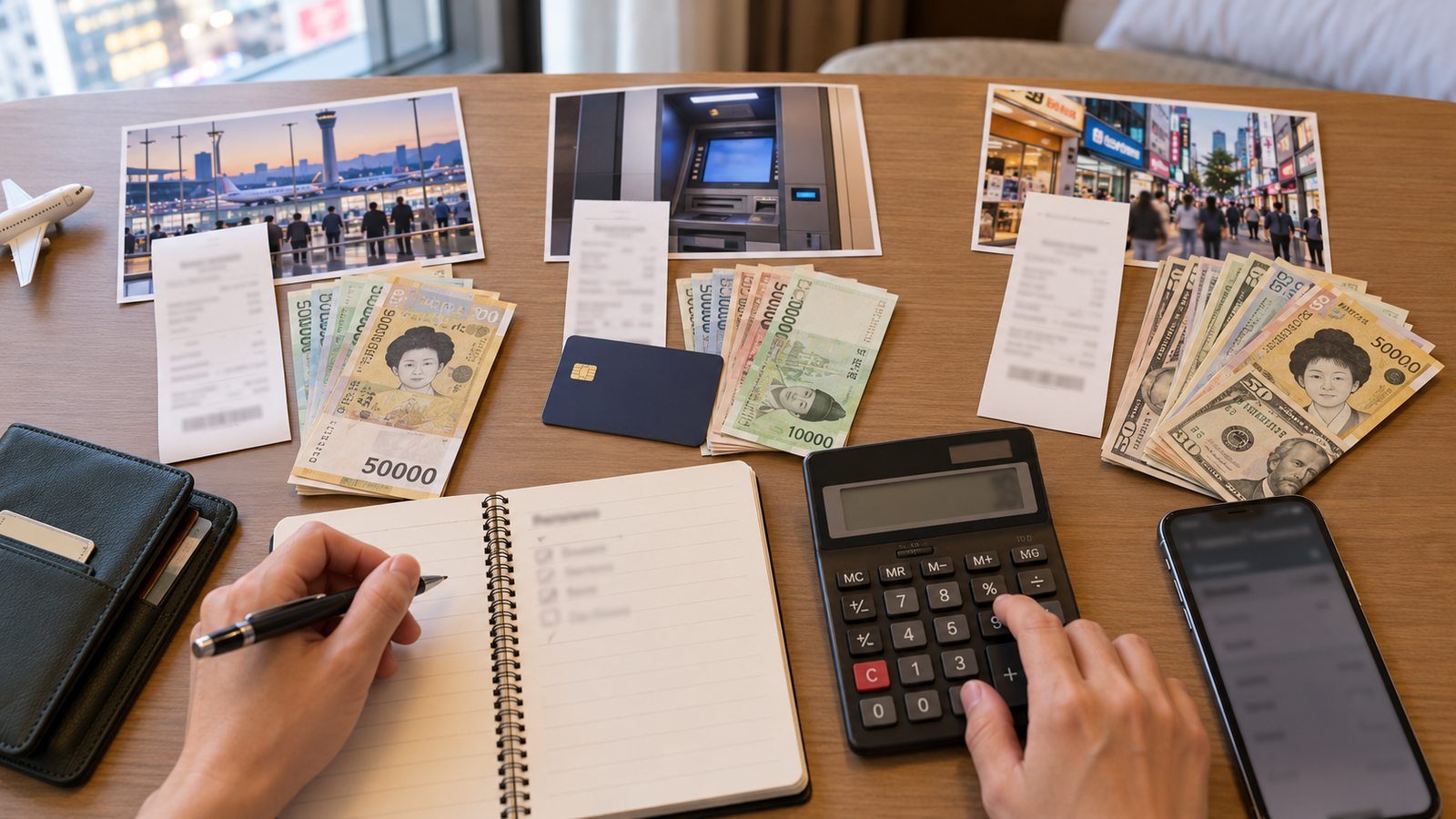 Traveler comparing airport exchange, ATM fees and Seoul currency exchange costs for a Korea trip