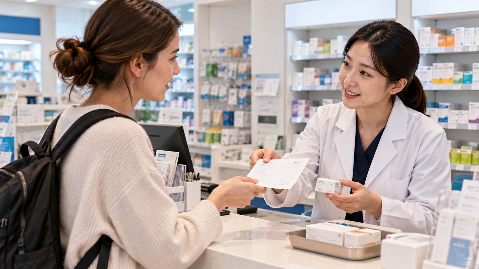 Traveler taking a prescription to a pharmacy after seeing a doctor in Korea
