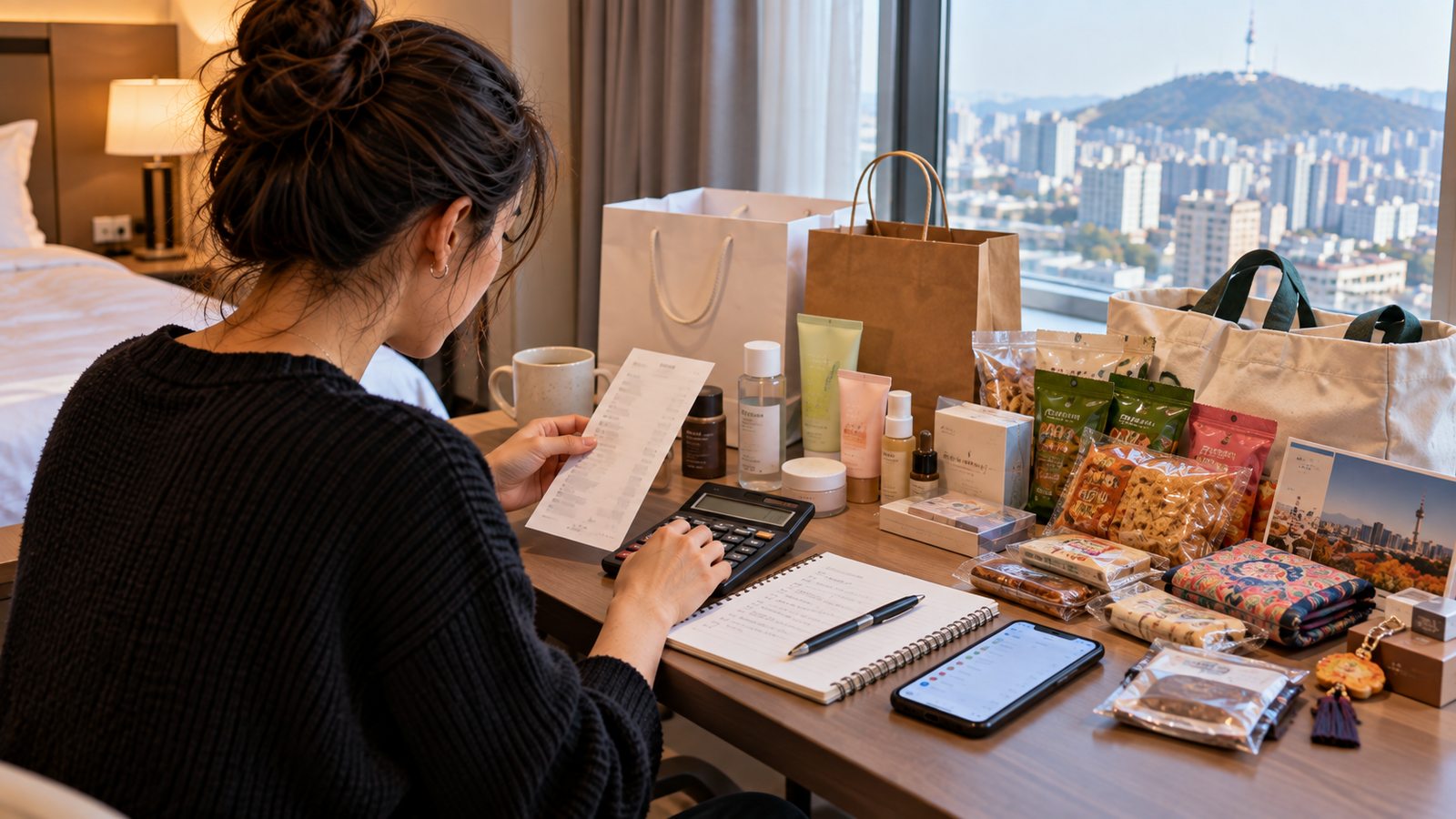 Traveler reviewing shopping expenses during a trip to South Korea
