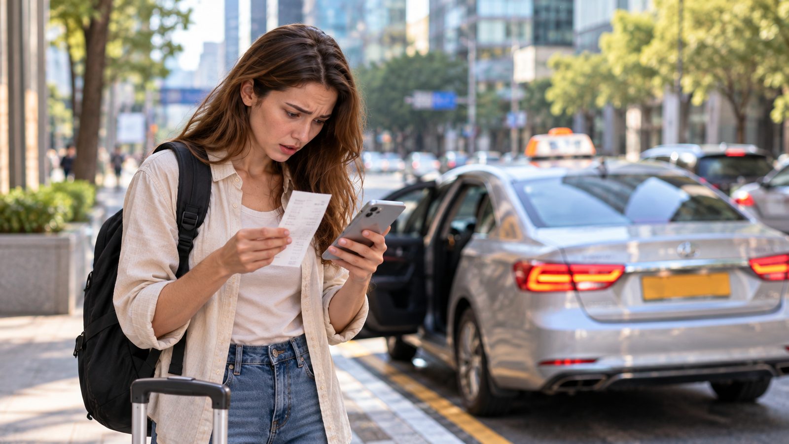 Traveler checking a taxi receipt after losing an item in a Korean taxi