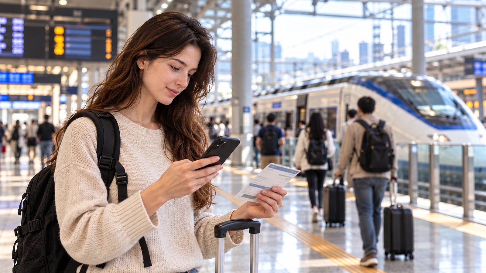 International traveler checking a train seat reservation at a Korean railway station
