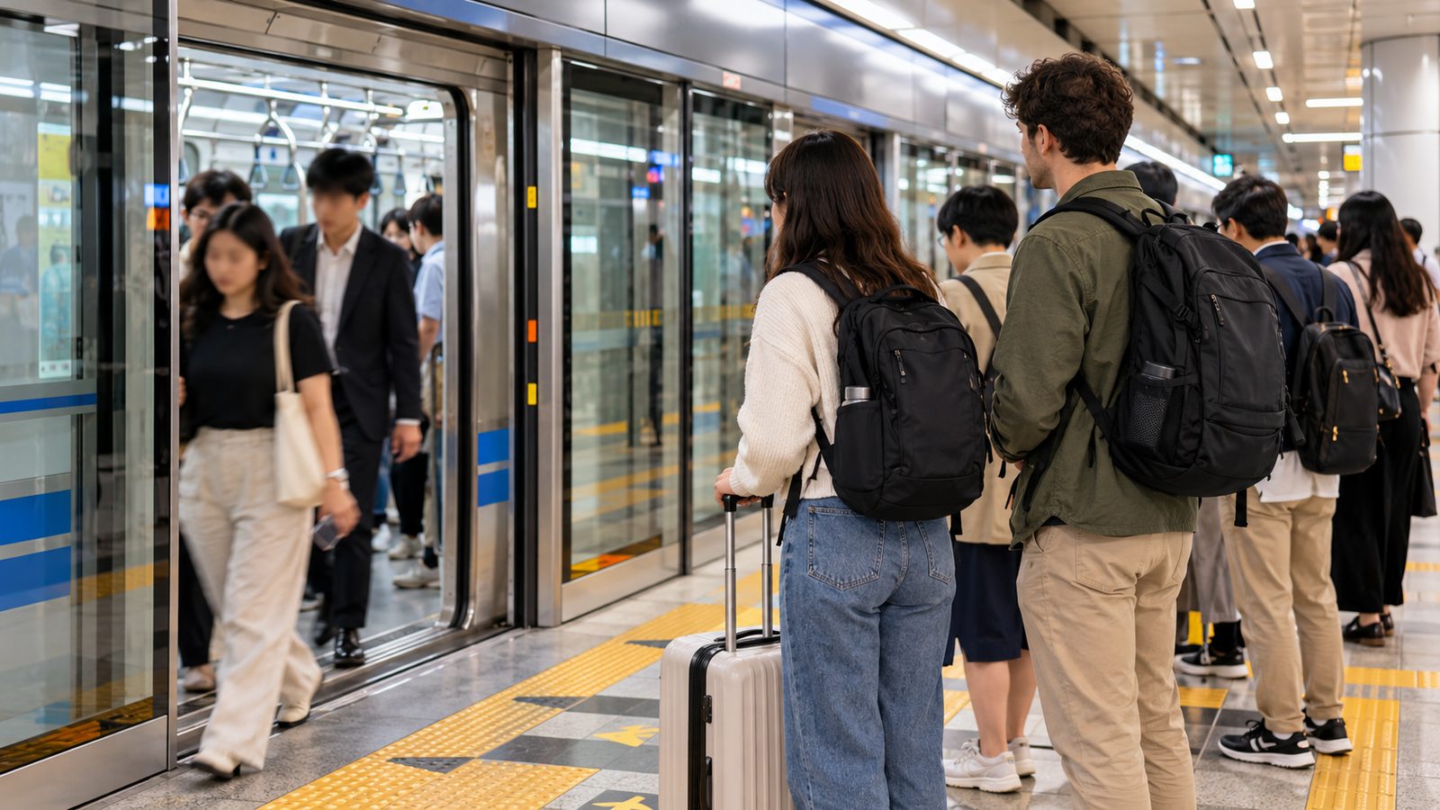 International travelers following everyday travel etiquette on the Seoul subway