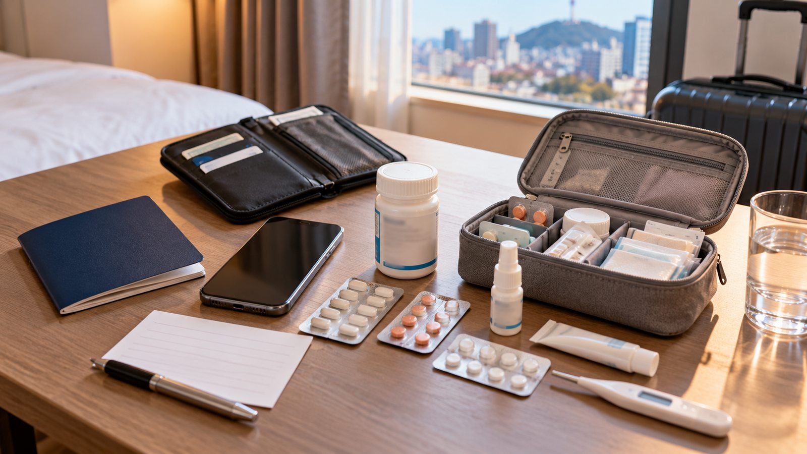 Medication and travel documents prepared for a trip to South Korea