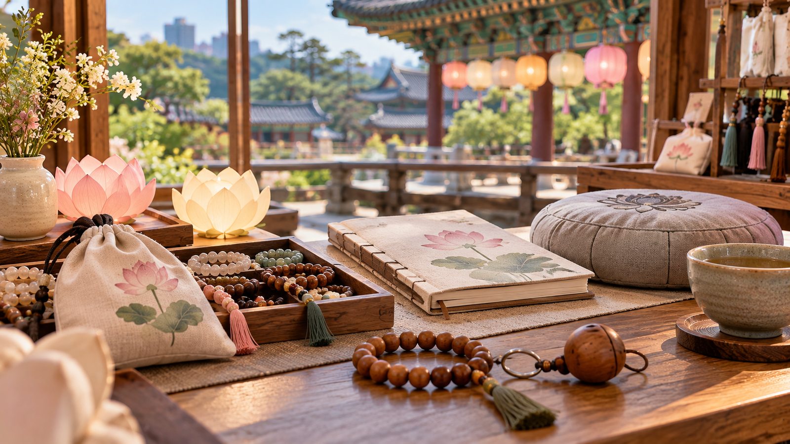 Modern Buddhist-inspired lifestyle items reflecting Korea's Hip Buddhism trend