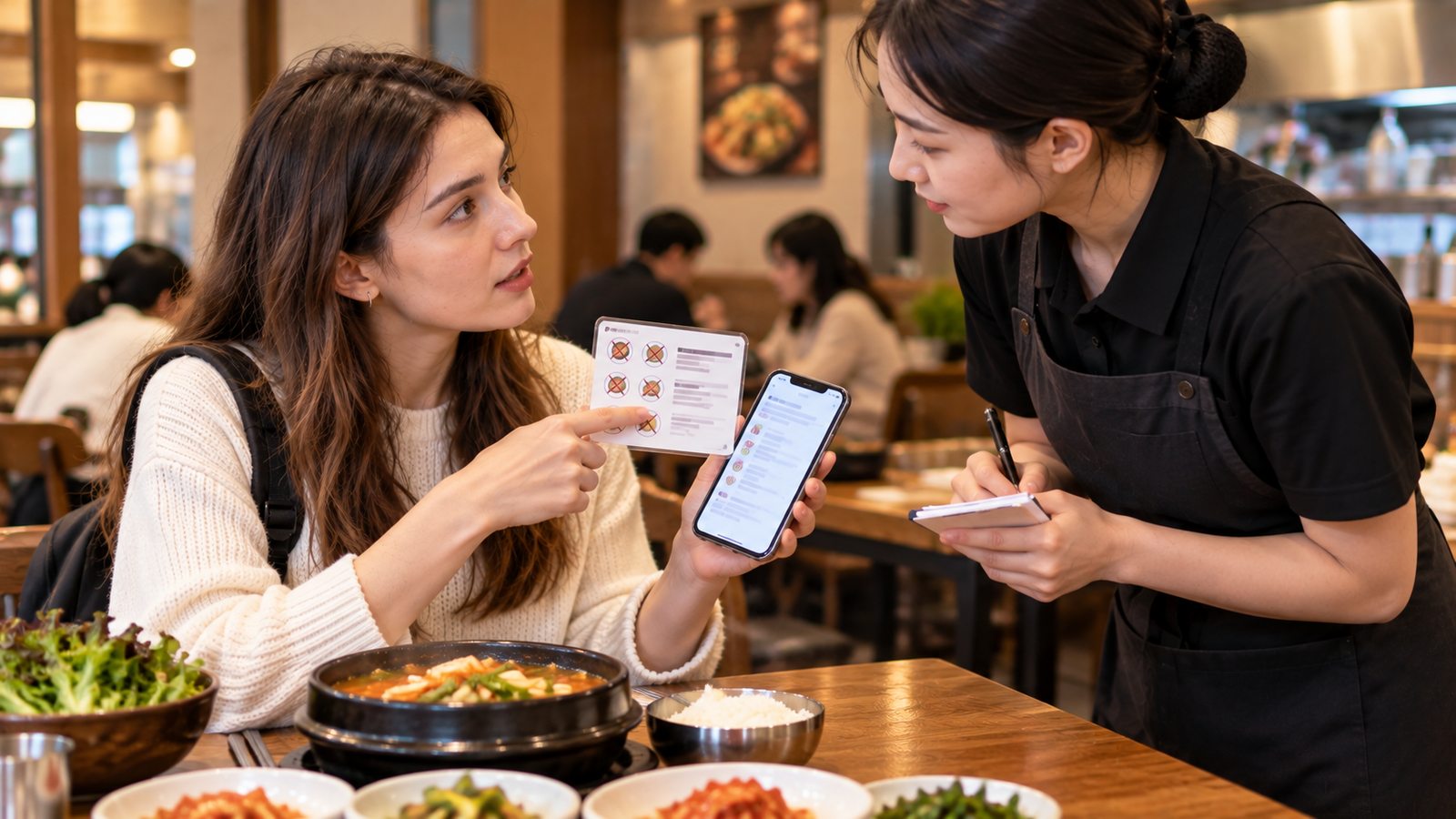 Traveler showing a food allergy message to Korean restaurant staff