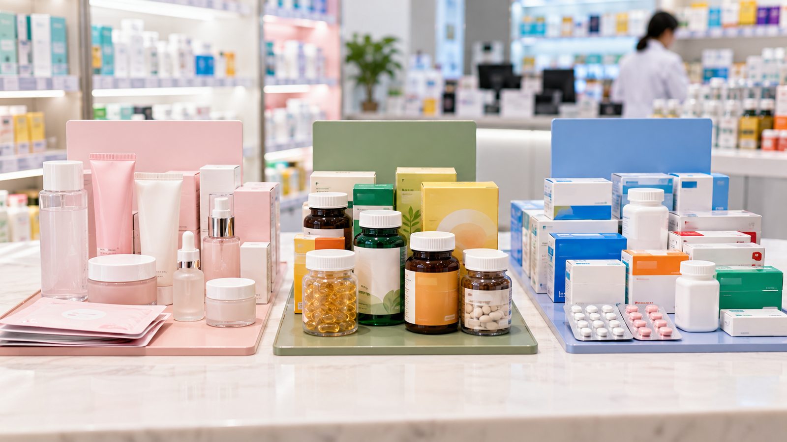 Different product categories travelers may encounter at a Korean pharmacy
