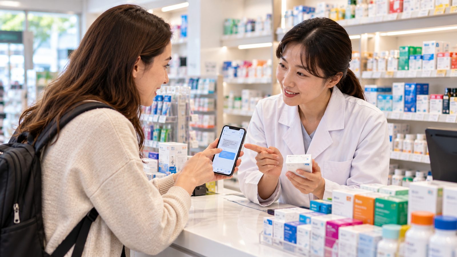 Traveler using a translation app while speaking with a pharmacist in Korea