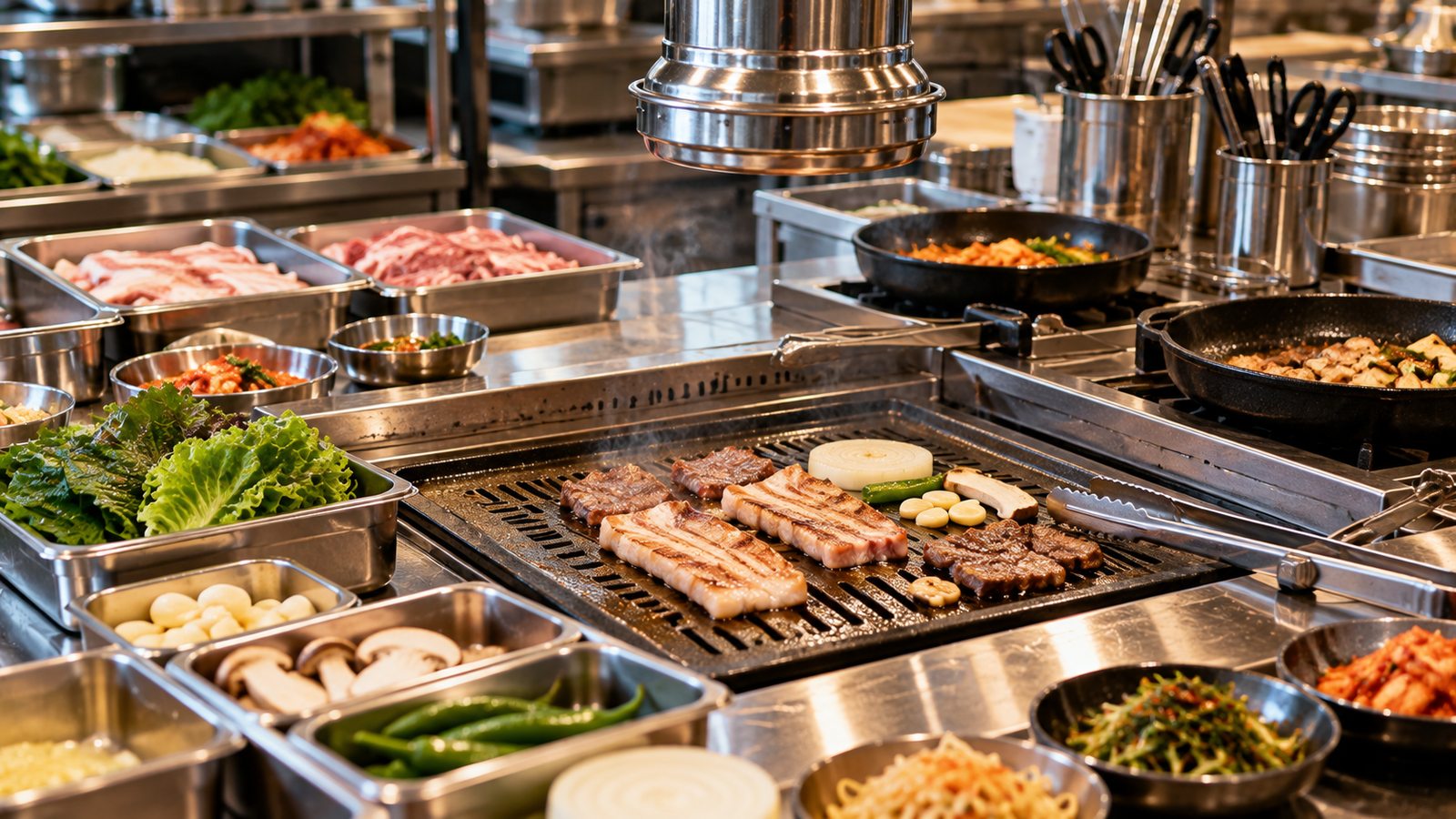 Shared grill and cooking utensils in a Korean restaurant kitchen setting