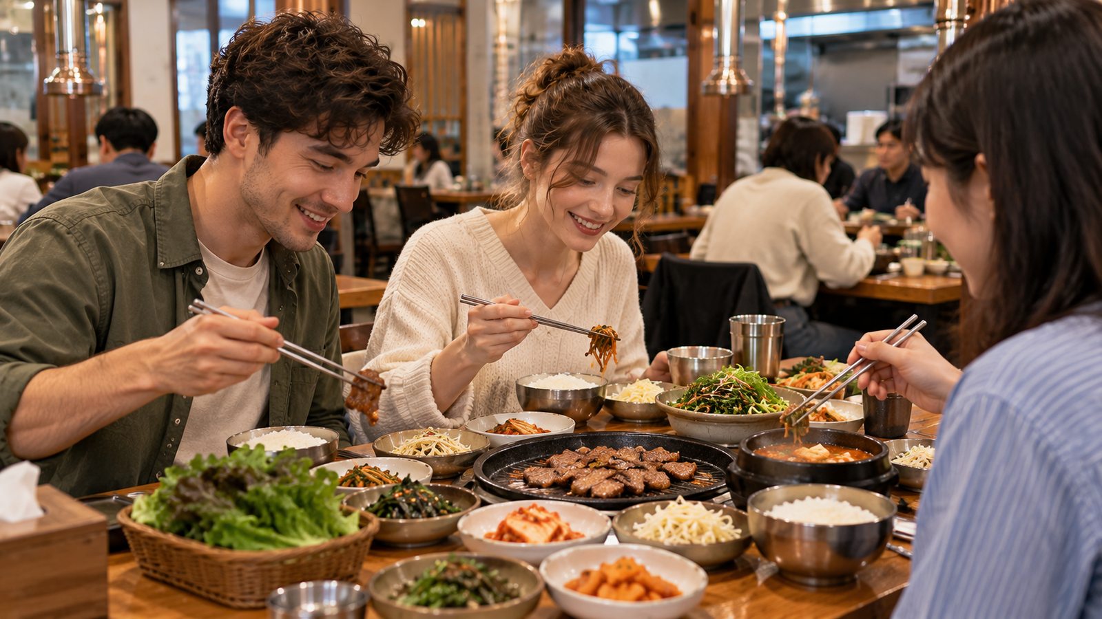 International travelers dining at a Korean restaurant with shared side dishes