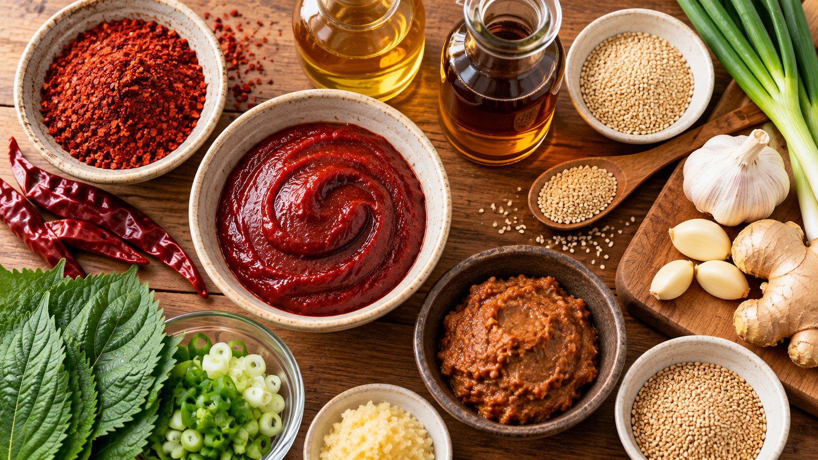 Korean sauces and seasonings including chili paste, red pepper flakes and cooking oils