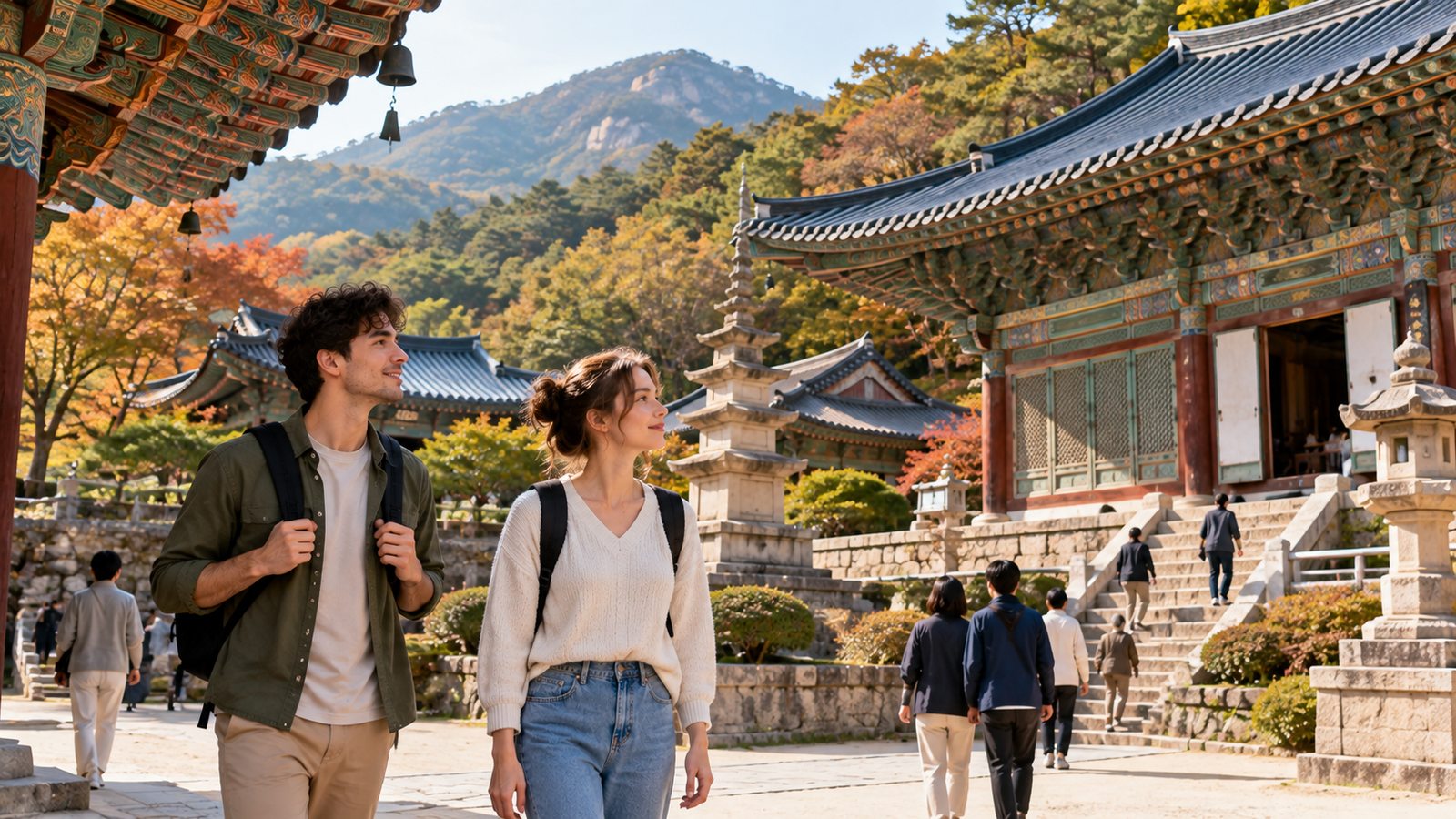 International visitors walking respectfully through a Korean Buddhist temple