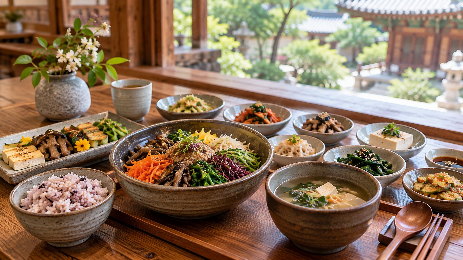 Traditional Korean Buddhist temple food with vegetables, tofu, mushrooms and grains