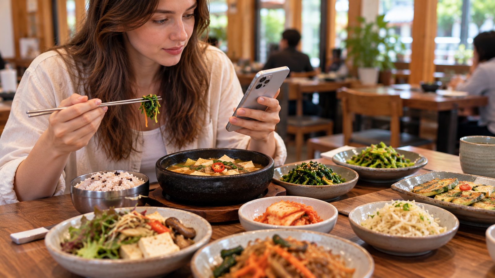 Traveler checking ingredients in Korean vegetable dishes, soup and kimchi