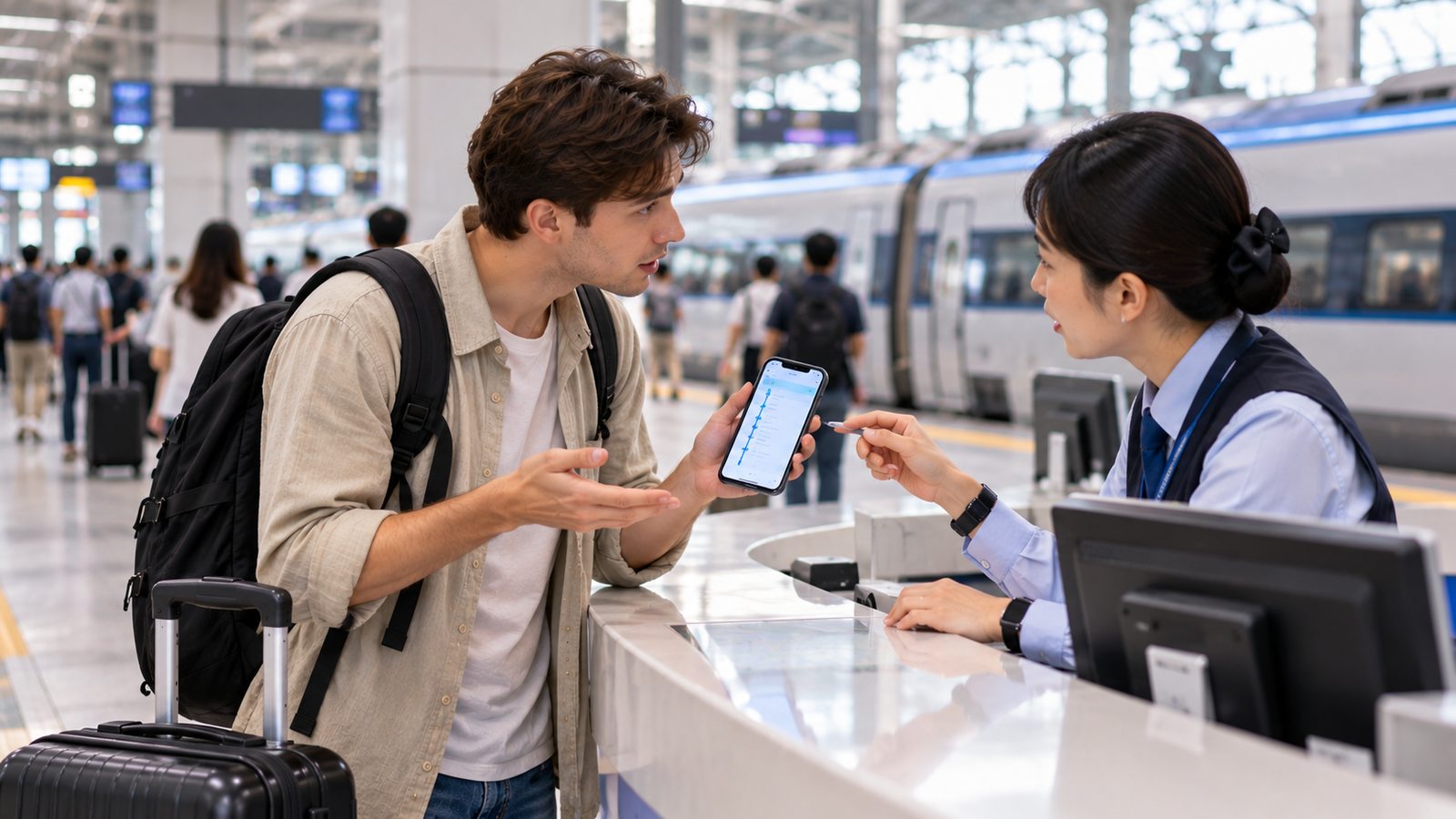 Traveler asking railway staff about lost property after a KTX journey