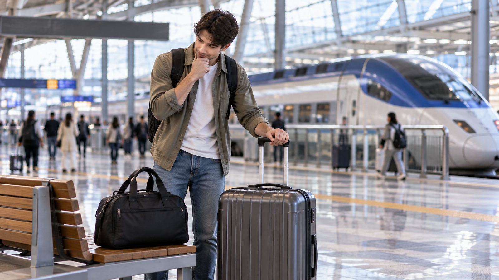 Traveler deciding whether to take a large suitcase on a KTX trip in Korea