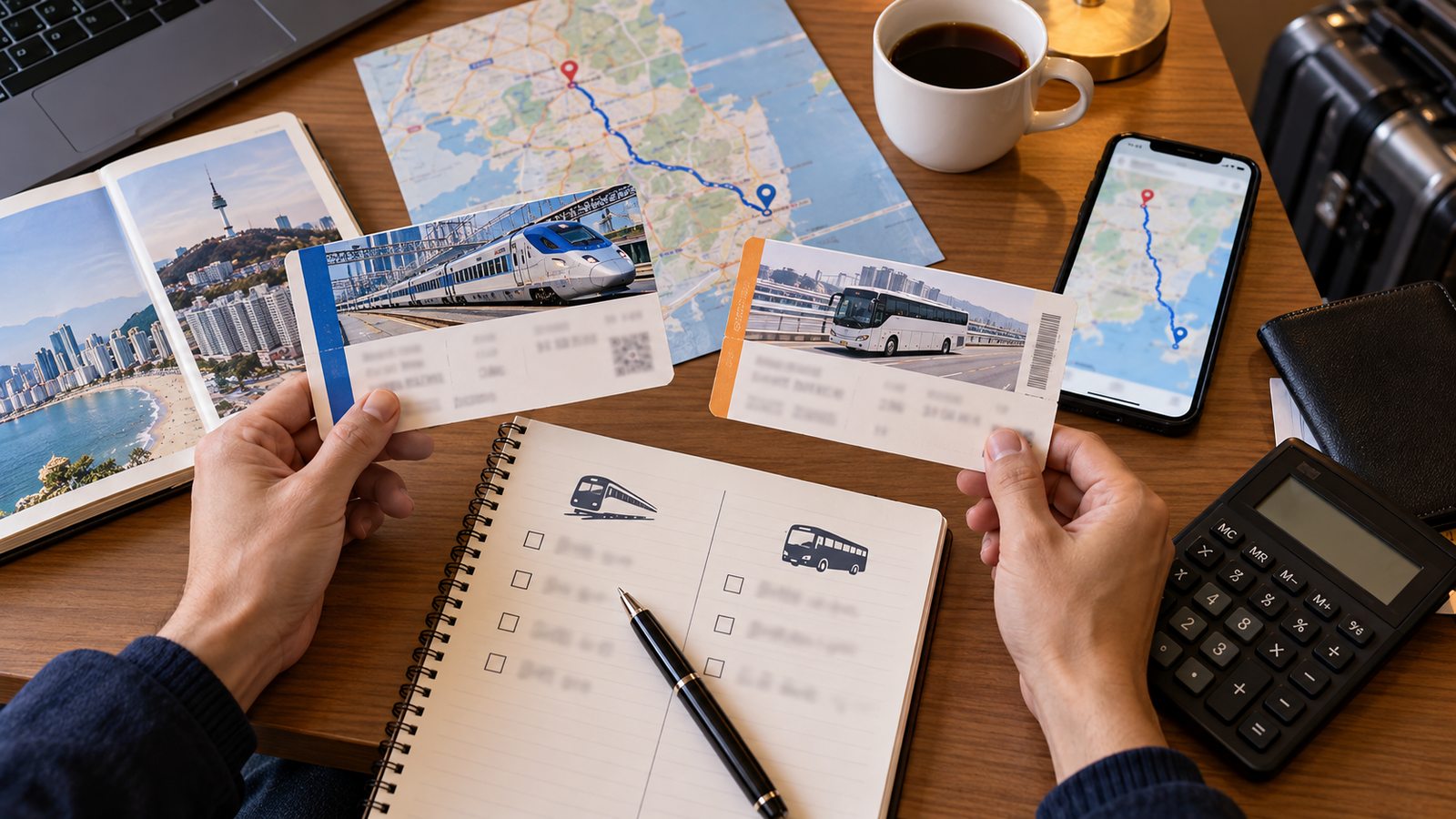 Travel planning comparison of KTX and express bus cost and travel time from Seoul to Busan