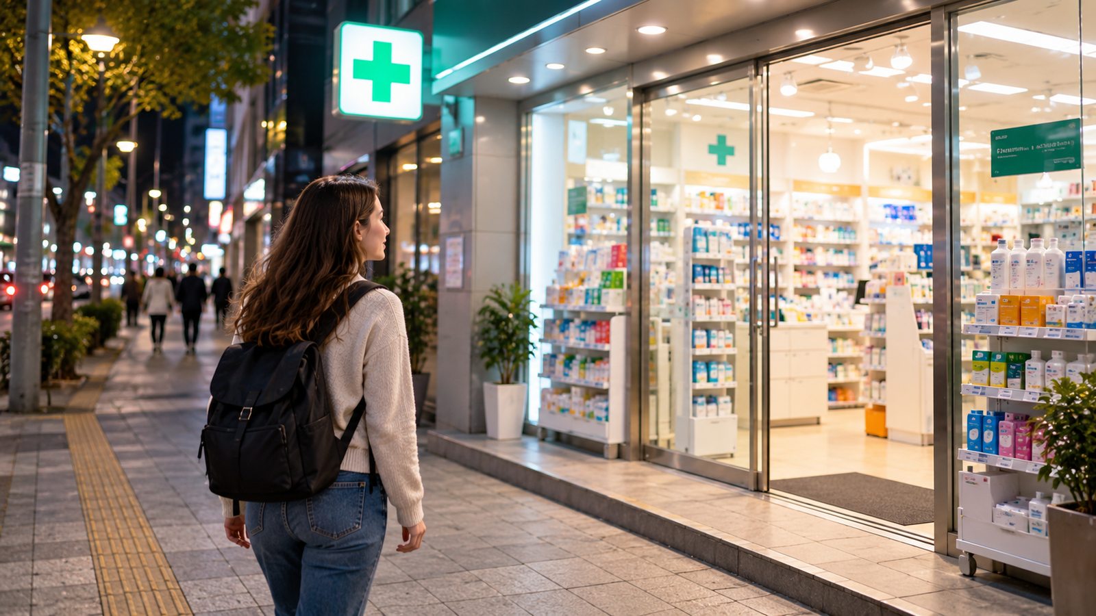 Traveler approaching an open late-night pharmacy in Seoul