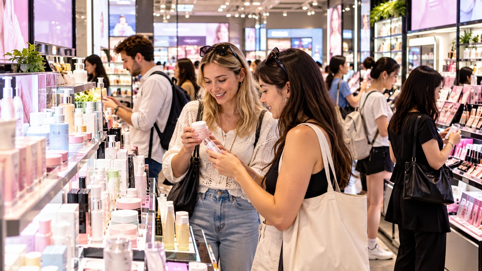 International travelers shopping for Korean beauty products in Myeongdong