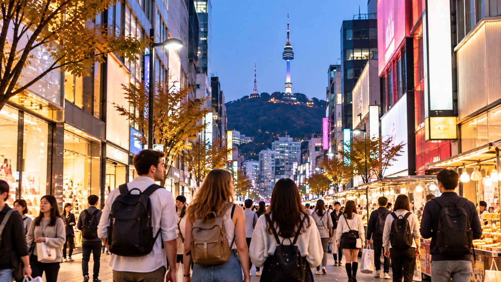 Myeongdong shopping district with Namsan and N Seoul Tower in the distance