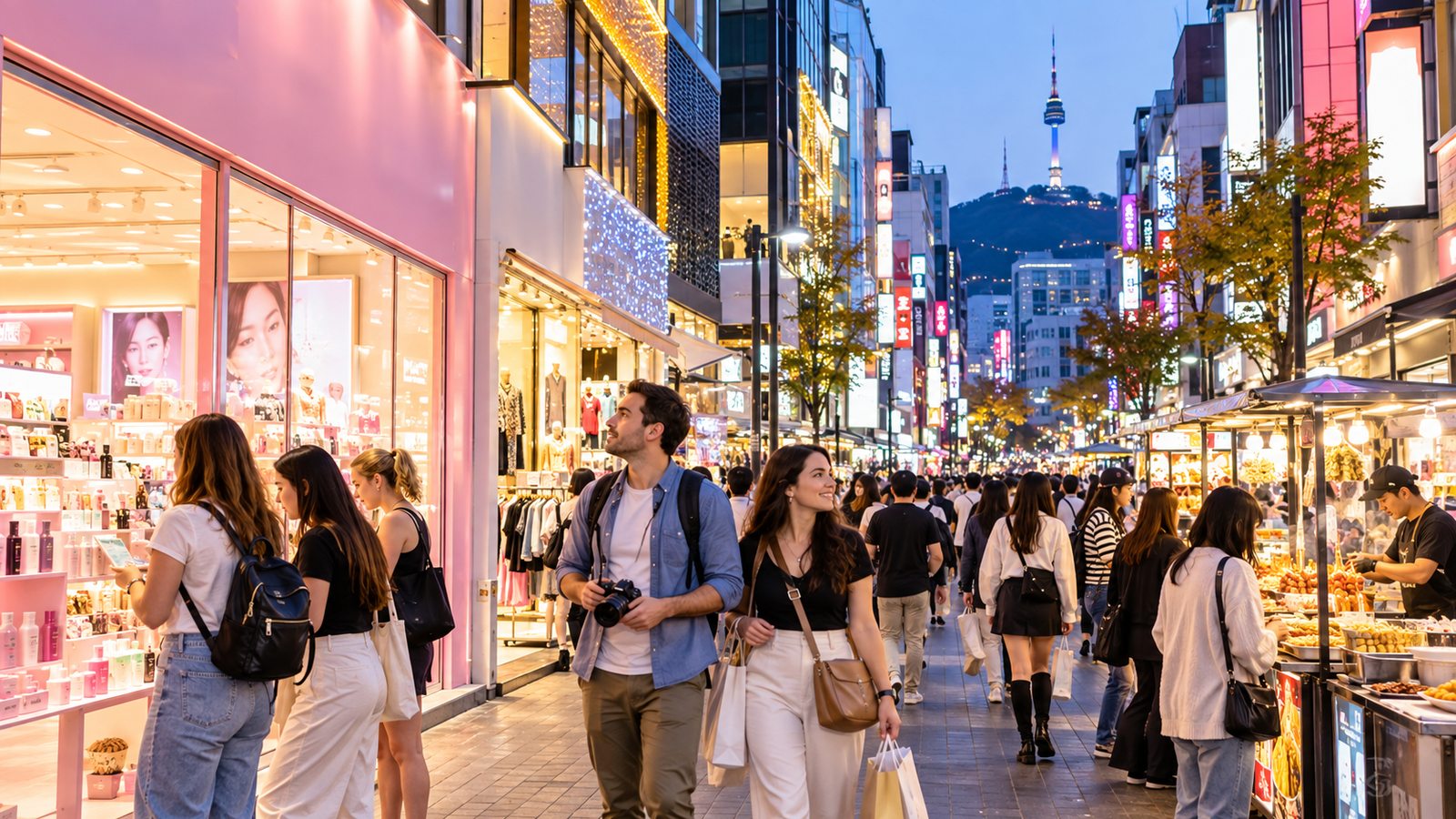 Travelers walking through a busy shopping street in Myeongdong Seoul