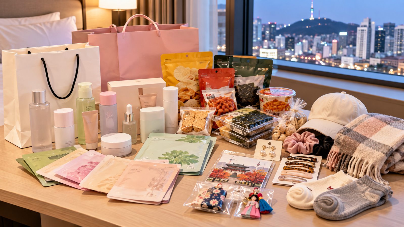 Korean beauty products snacks and souvenirs purchased while shopping in Myeongdong
